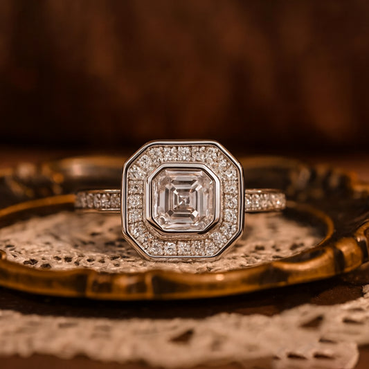 Promise Rings Asscher Cut Diamond Halo Anniversary 10K White Gold Ring