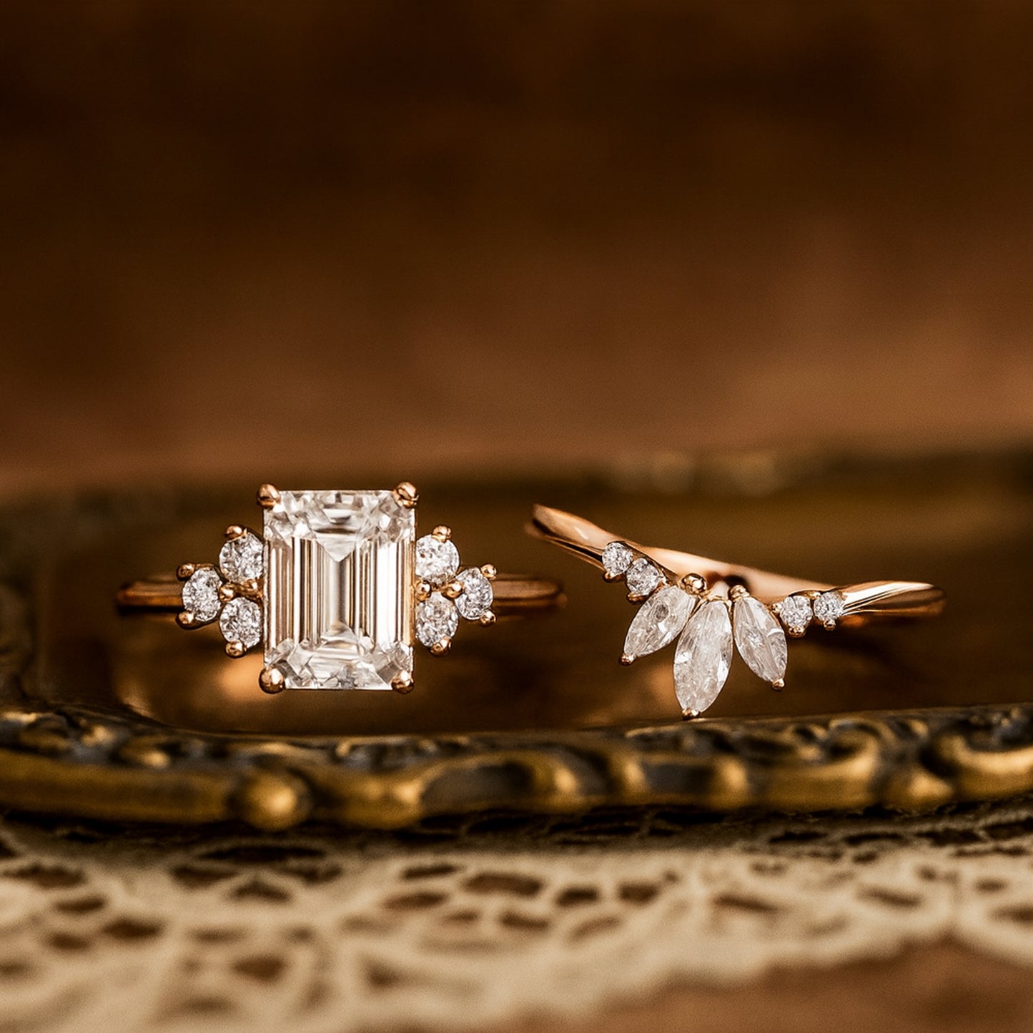 Guy Wedding Rings Emerald Cut Diamonds Engagement Crown Band Set Rings