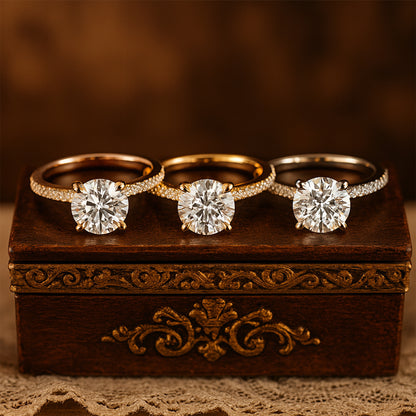 Round Diamond Solitaire Wedding Ring Pavé Band - 14K Yellow Gold
