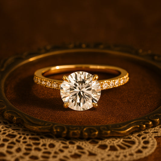 Round Diamond Solitaire Wedding Ring Pavé Band - 14K Yellow Gold
