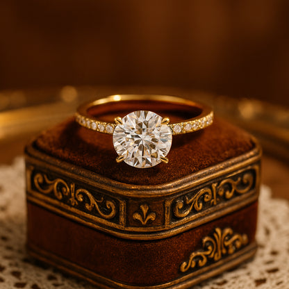 Round Diamond Solitaire Wedding Ring Pavé Band - 14K Yellow Gold
