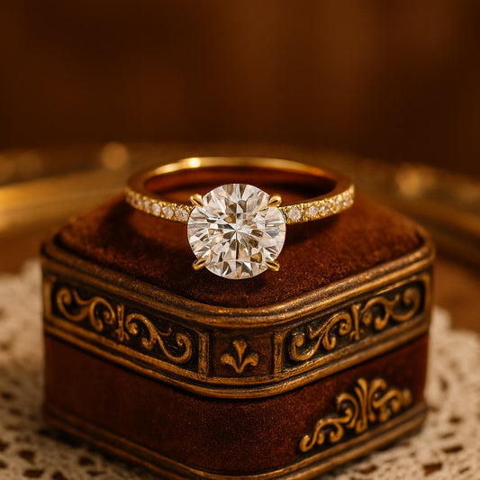 Round Diamond Solitaire Wedding Ring Pavé Band - 14K Yellow Gold
