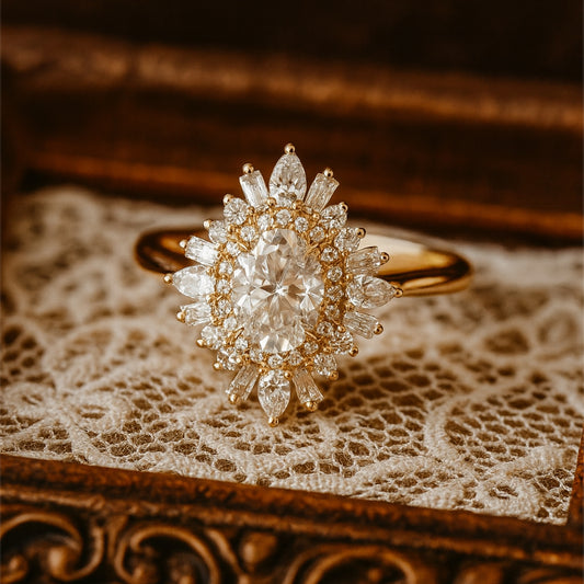 Female Diamond Ring - Oval Cut with Marquise Diamond Halo Design
