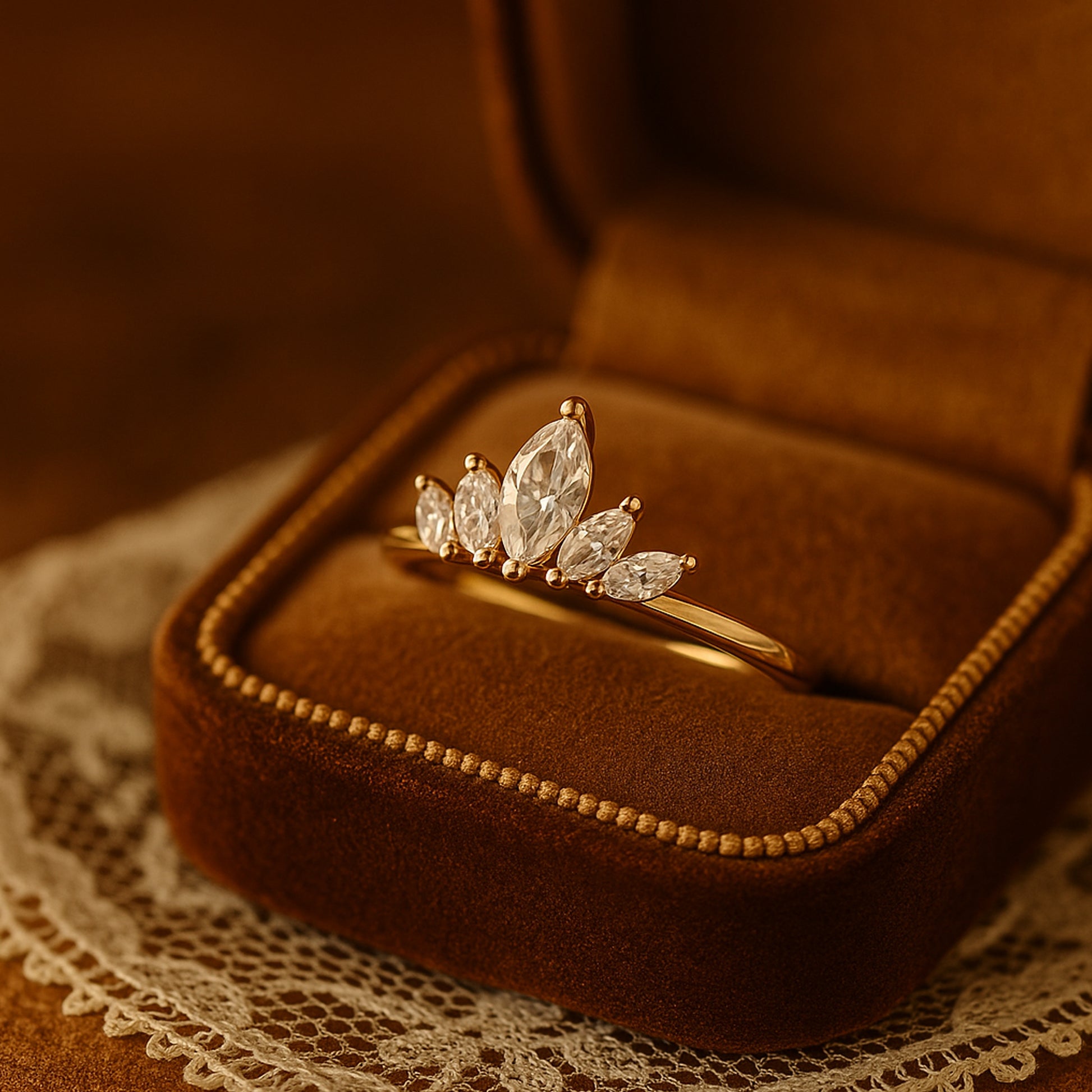 Married Ring Women Marquise Diamond Crown Gold Five Stone Design Rings