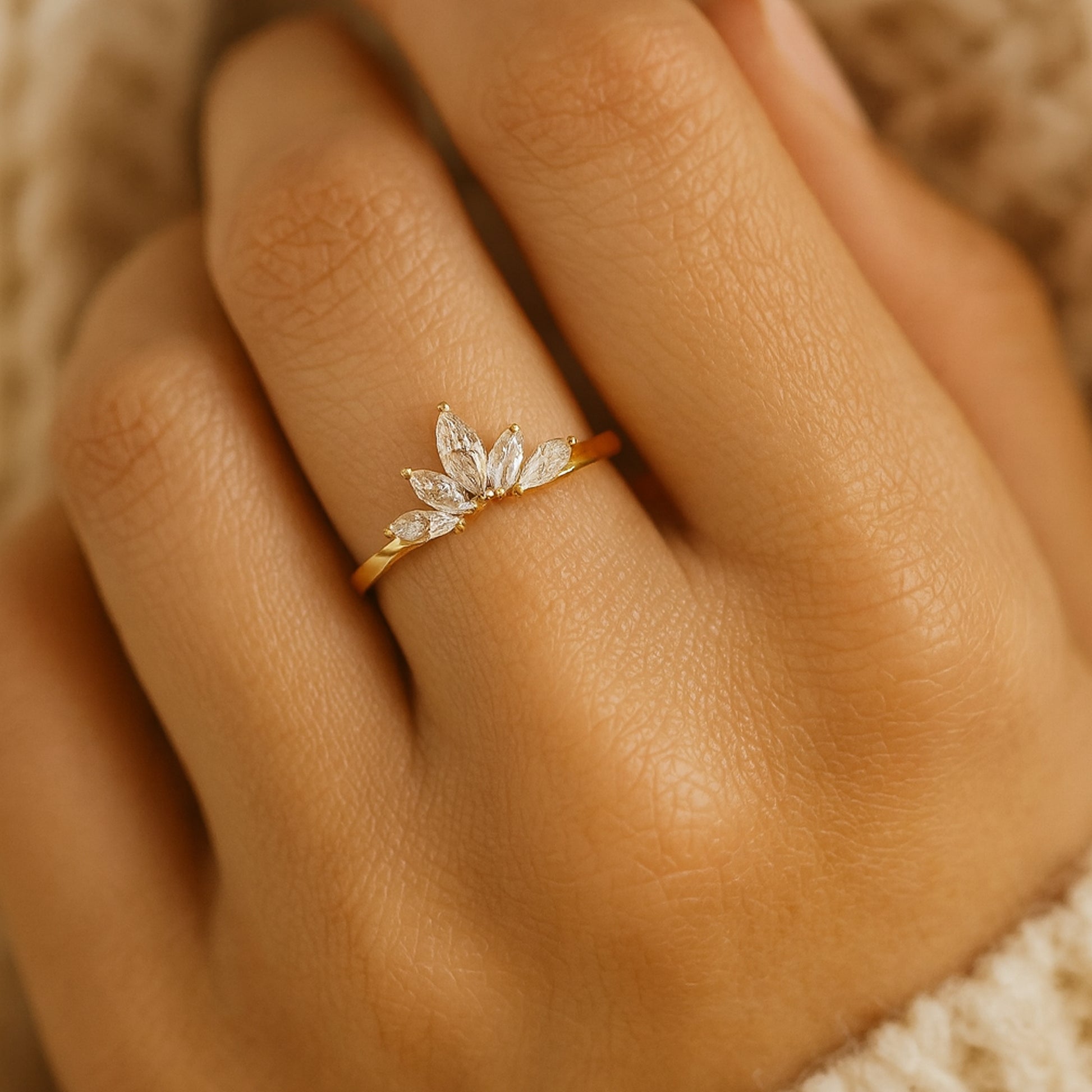 Married Ring Women Marquise Diamond Crown Gold Five Stone Design Rings