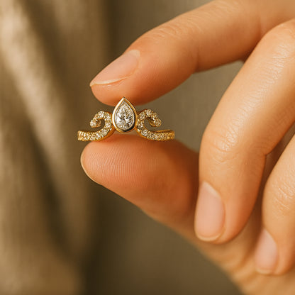 Rings for a Women Pear Cut Diamond with Swirl Pavé Band 10K Gold Rings