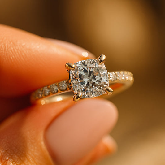 Birthstone Month of October Gold Cushion Diamond Engagement Pave Rings
