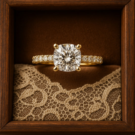Birthstone Month of October Gold Cushion Diamond Engagement Pave Rings
