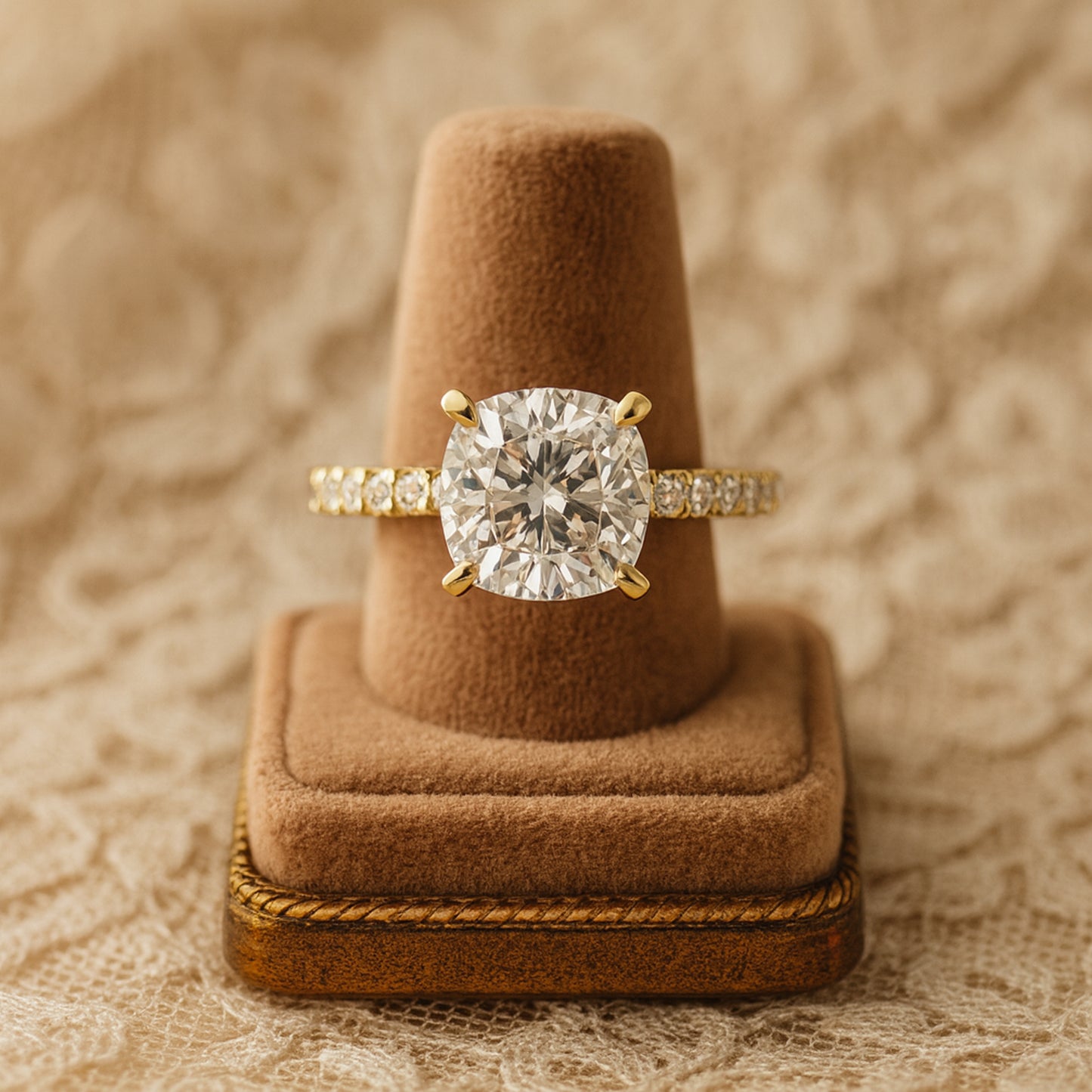 Birthstone Month of October Gold Cushion Diamond Engagement Pave Rings
