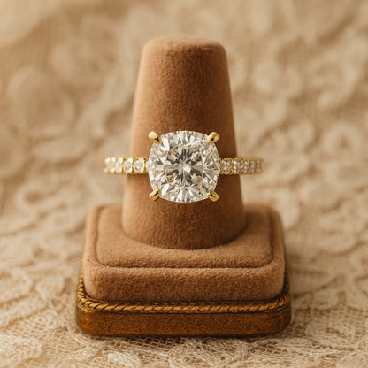 Birthstone Month of October Gold Cushion Diamond Engagement Pave Rings
