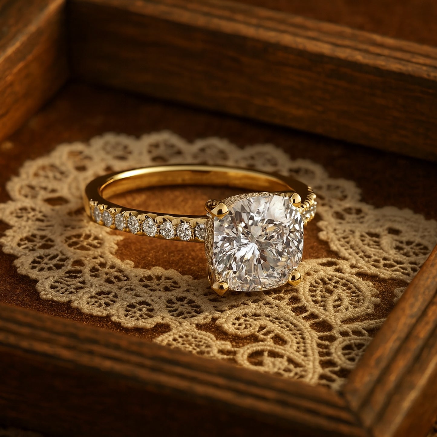 Birthstone Month of October Gold Cushion Diamond Engagement Pave Rings
