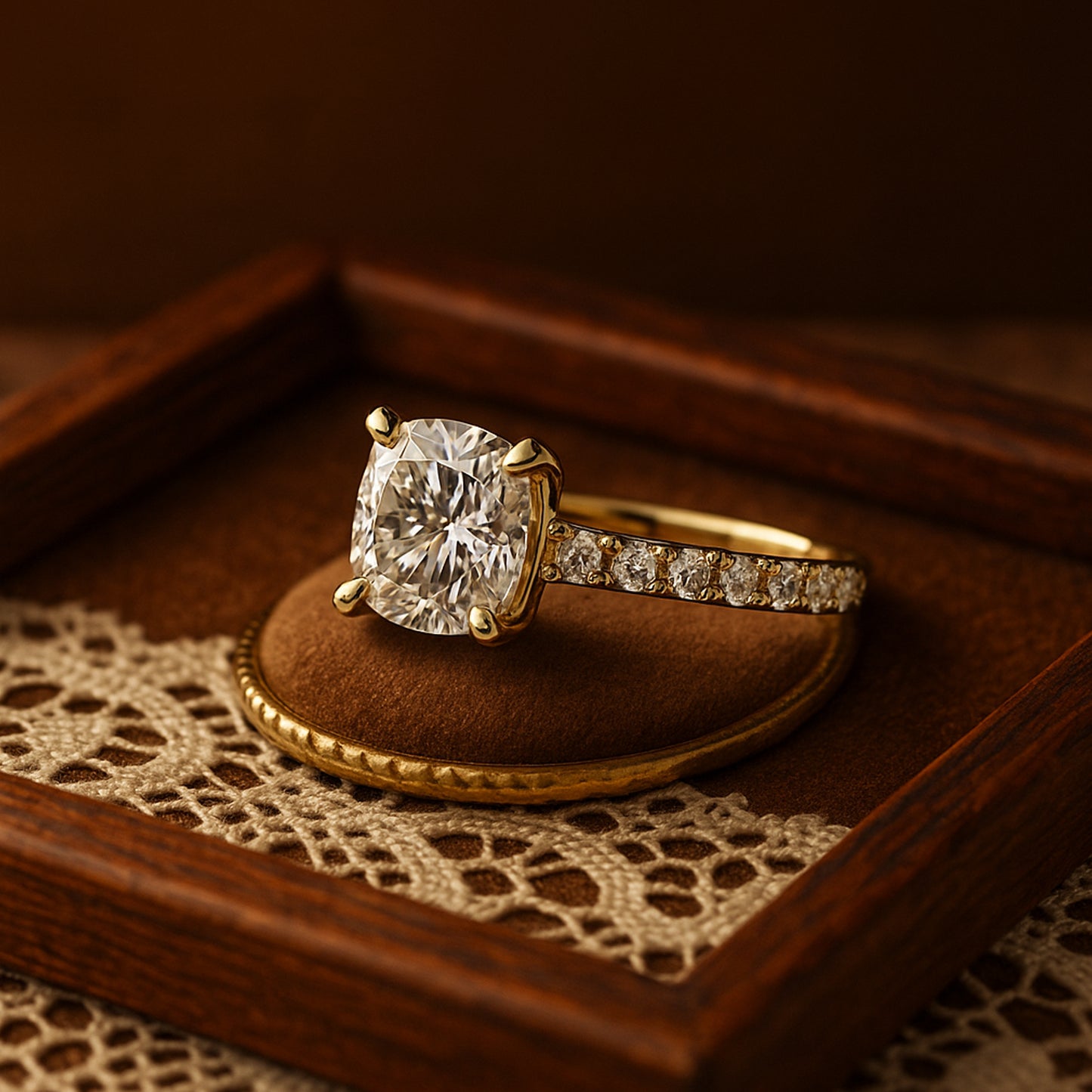 Birthstone Month of October Gold Cushion Diamond Engagement Pave Rings
