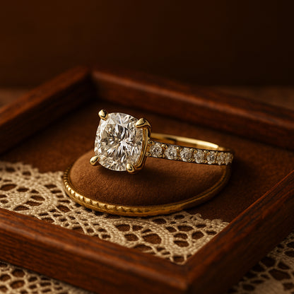 Birthstone Month of October Gold Cushion Diamond Engagement Pave Rings
