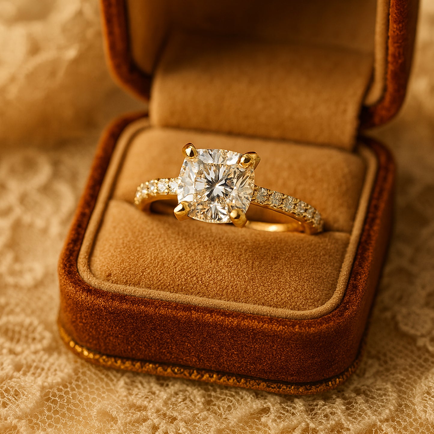 Birthstone Month of October Gold Cushion Diamond Engagement Pave Rings
