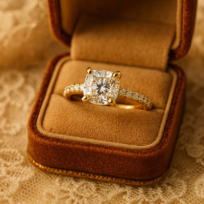 Birthstone Month of October Gold Cushion Diamond Engagement Pave Rings
