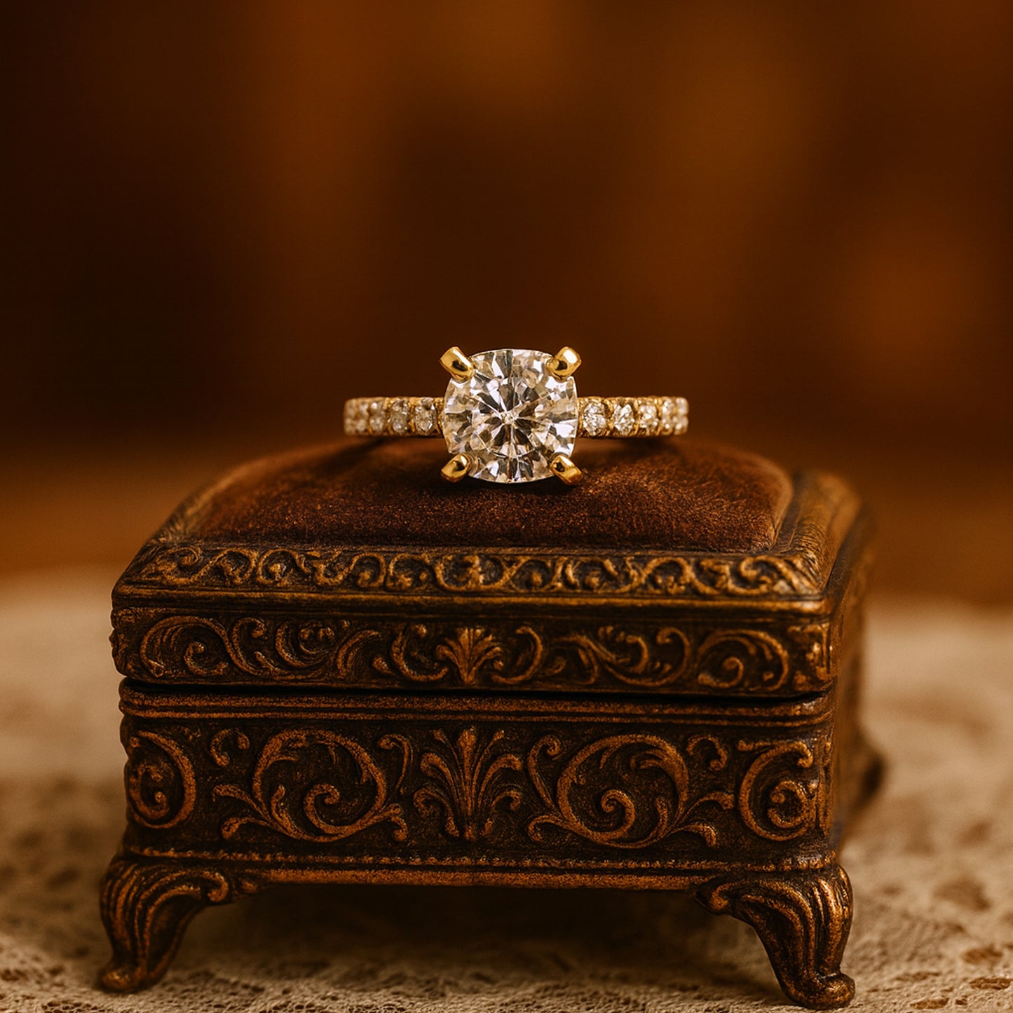 Birthstone Month of October Gold Cushion Diamond Engagement Pave Rings

