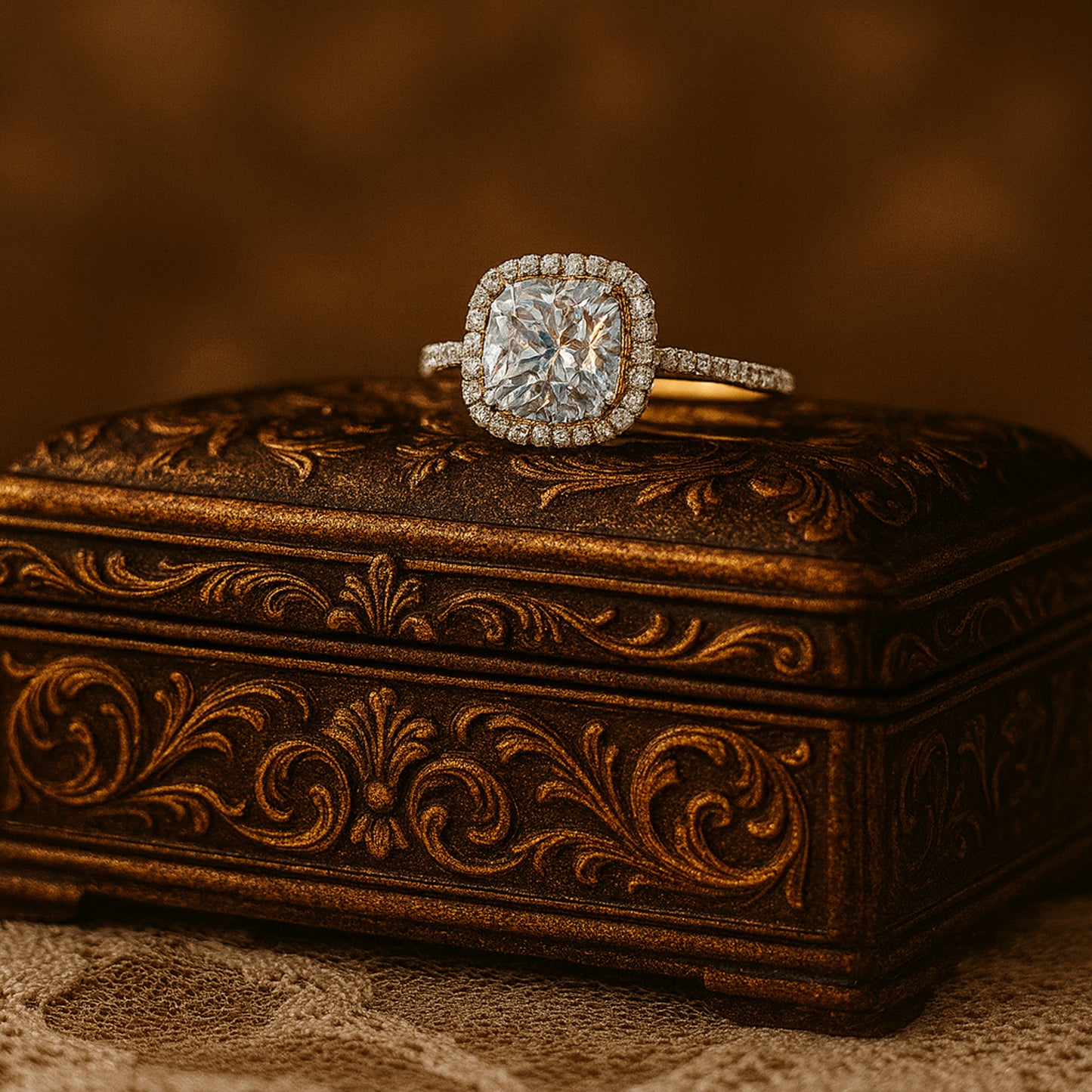 August Born Birthstone Cushion Cut Halo Diamond Wedding 10K Gold Rings