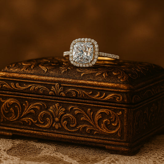 August Born Birthstone Cushion Cut Halo Diamond Wedding 10K Gold Rings