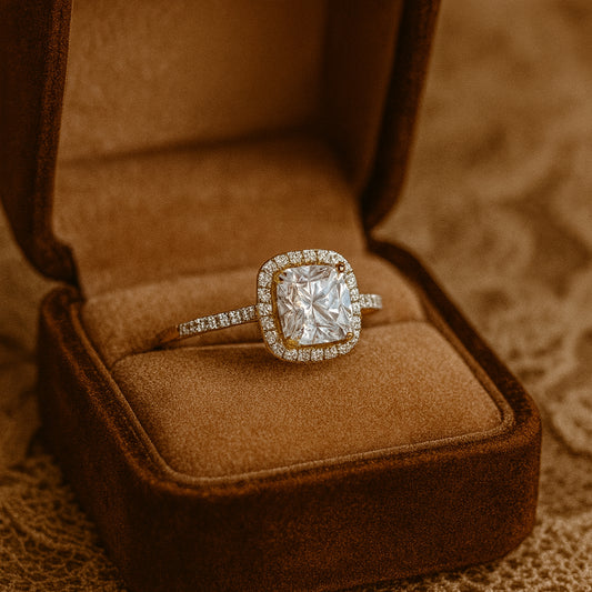 August Born Birthstone Cushion Cut Halo Diamond Wedding 10K Gold Rings