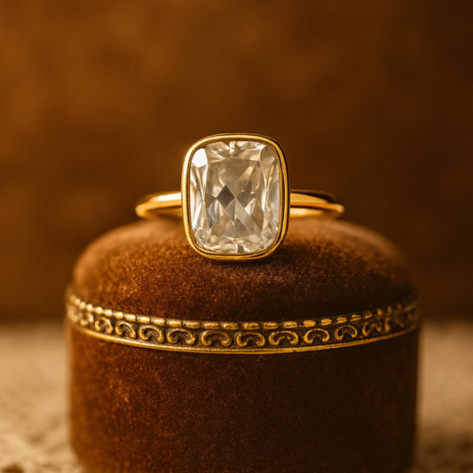 June Birthstone Stone Cushion Cut Bezel Diamond 10K Gold Wedding Rings