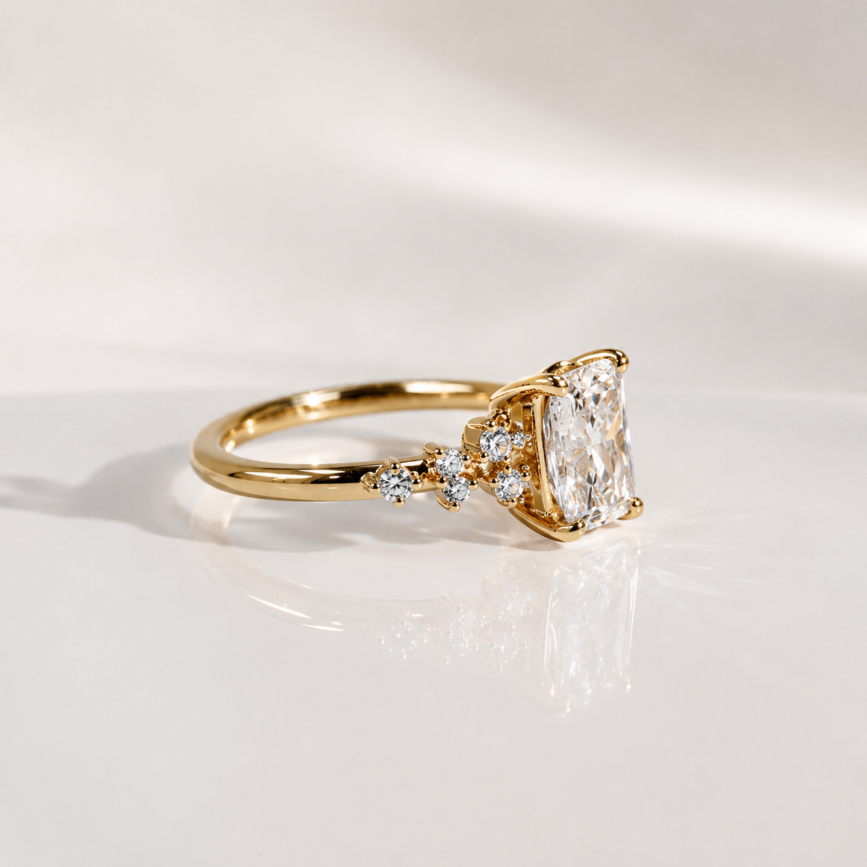 Elongated Cushion Engagement Ring Claw Prong Vintage Diamond Cluster.
