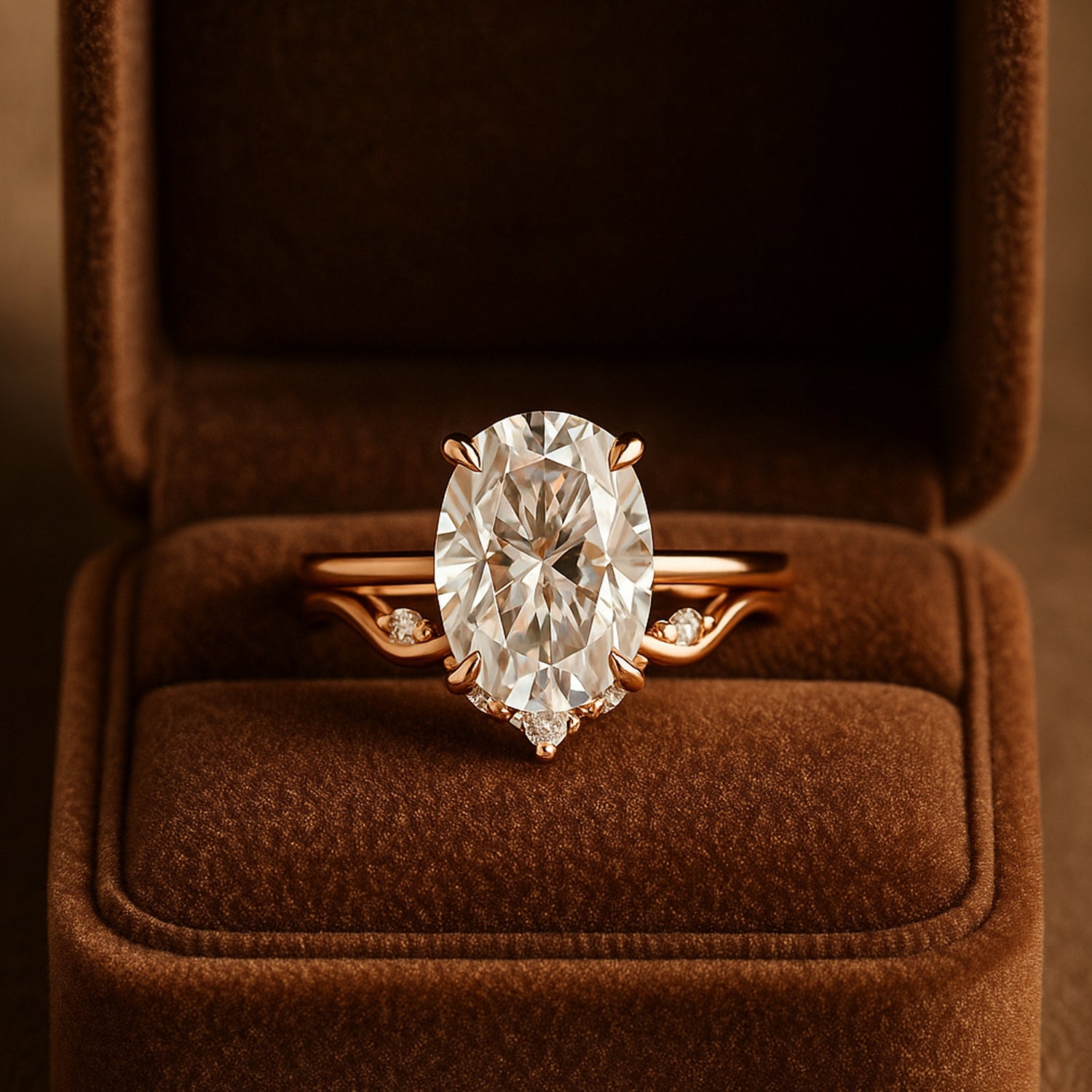 Oval Moissanite Engagement Ring In Rose Gold Velvet Box – Vintage-Inspired Elegant Design