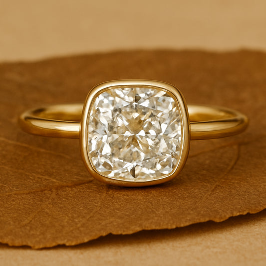 Engagement Rings Bezel Set Cushion Cut VVS1 Diamond 10K Rose Gold Ring