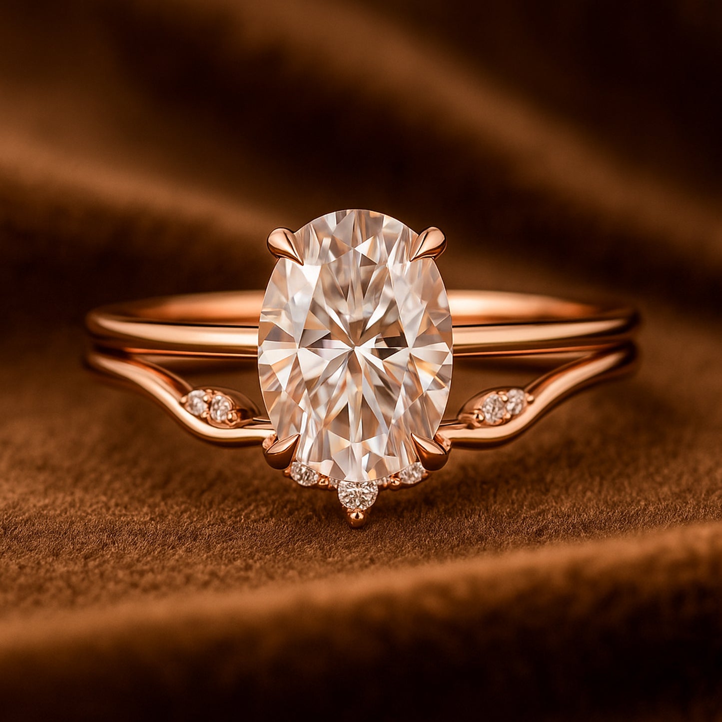 Side View Of Oval Cut Moissanite Ring With Curved Rose Gold Band And Accent Stones