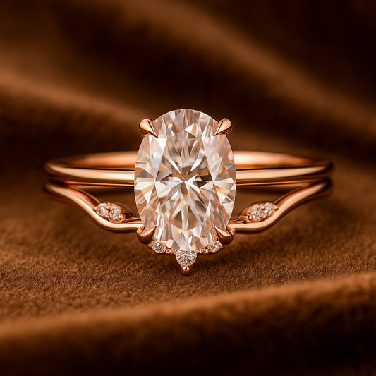 Side View Of Oval Cut Moissanite Ring With Curved Rose Gold Band And Accent Stones