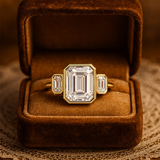 September Birthstone Diamond Ring - Emerald Cut Bezel Three Stone Ring
