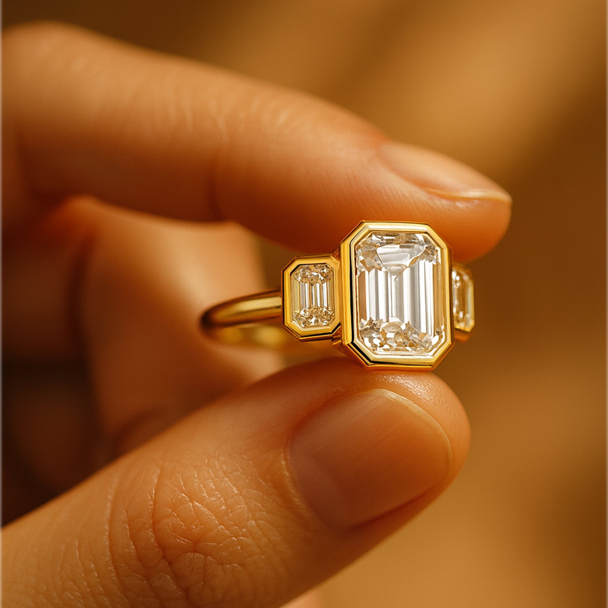 September Birthstone Diamond Ring - Emerald Cut Bezel Three Stone Ring
