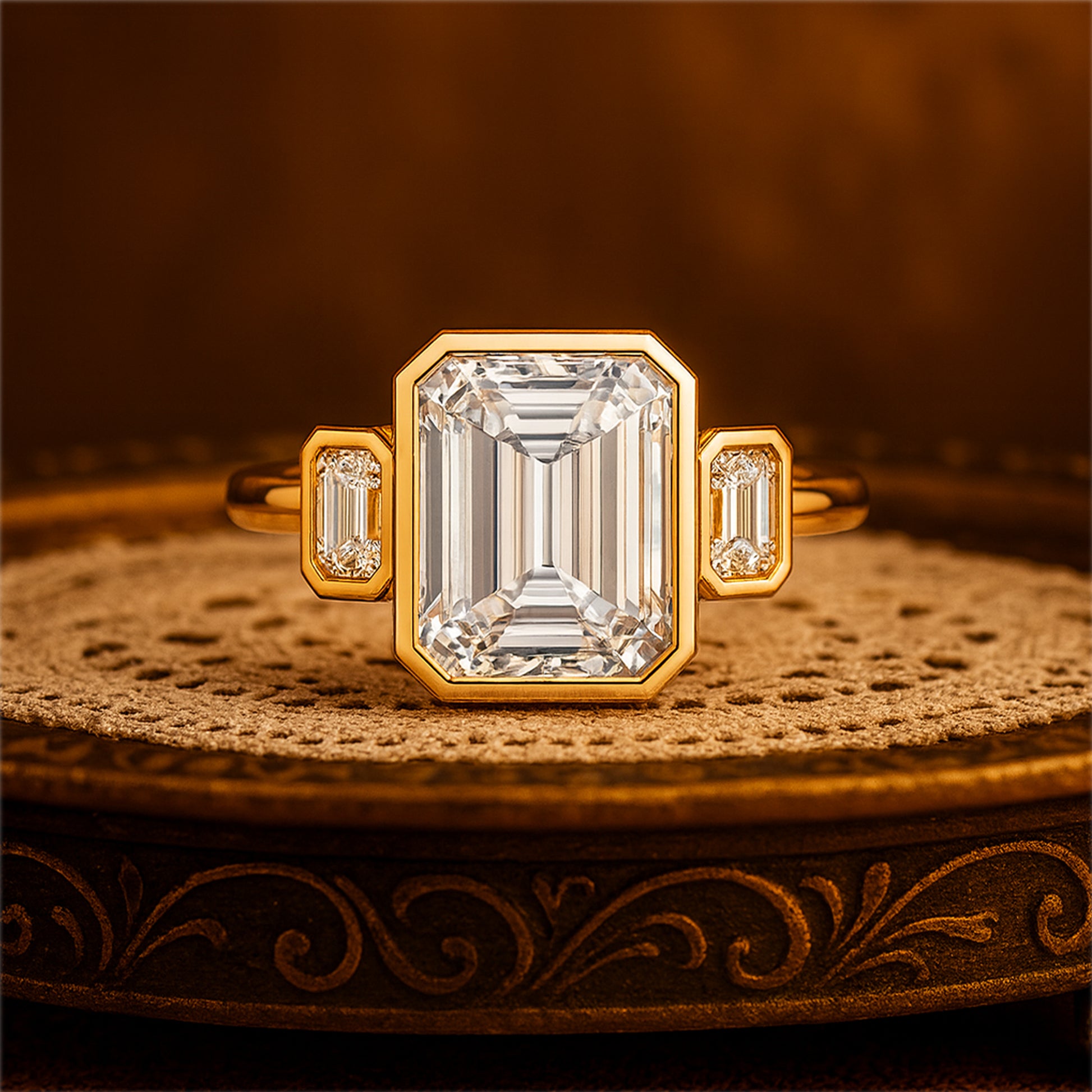 September Birthstone Diamond Ring - Emerald Cut Bezel Three Stone Ring
