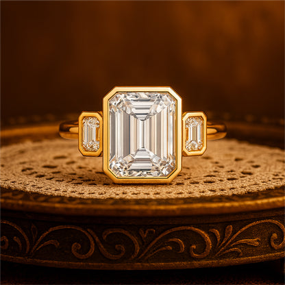 September Birthstone Diamond Ring - Emerald Cut Bezel Three Stone Ring
