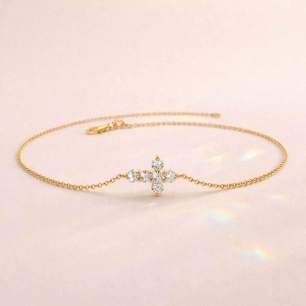 Women’s Cross Bracelet With Round Cut Moissanite
