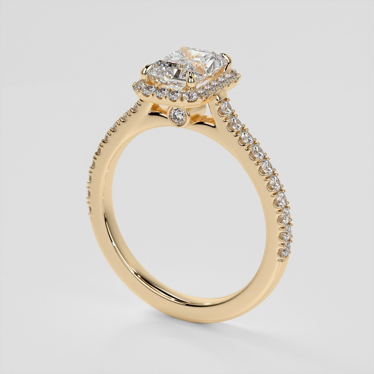 Elegant Radiant Engagement Ring With Moissanite In Halo Four Prong Setting