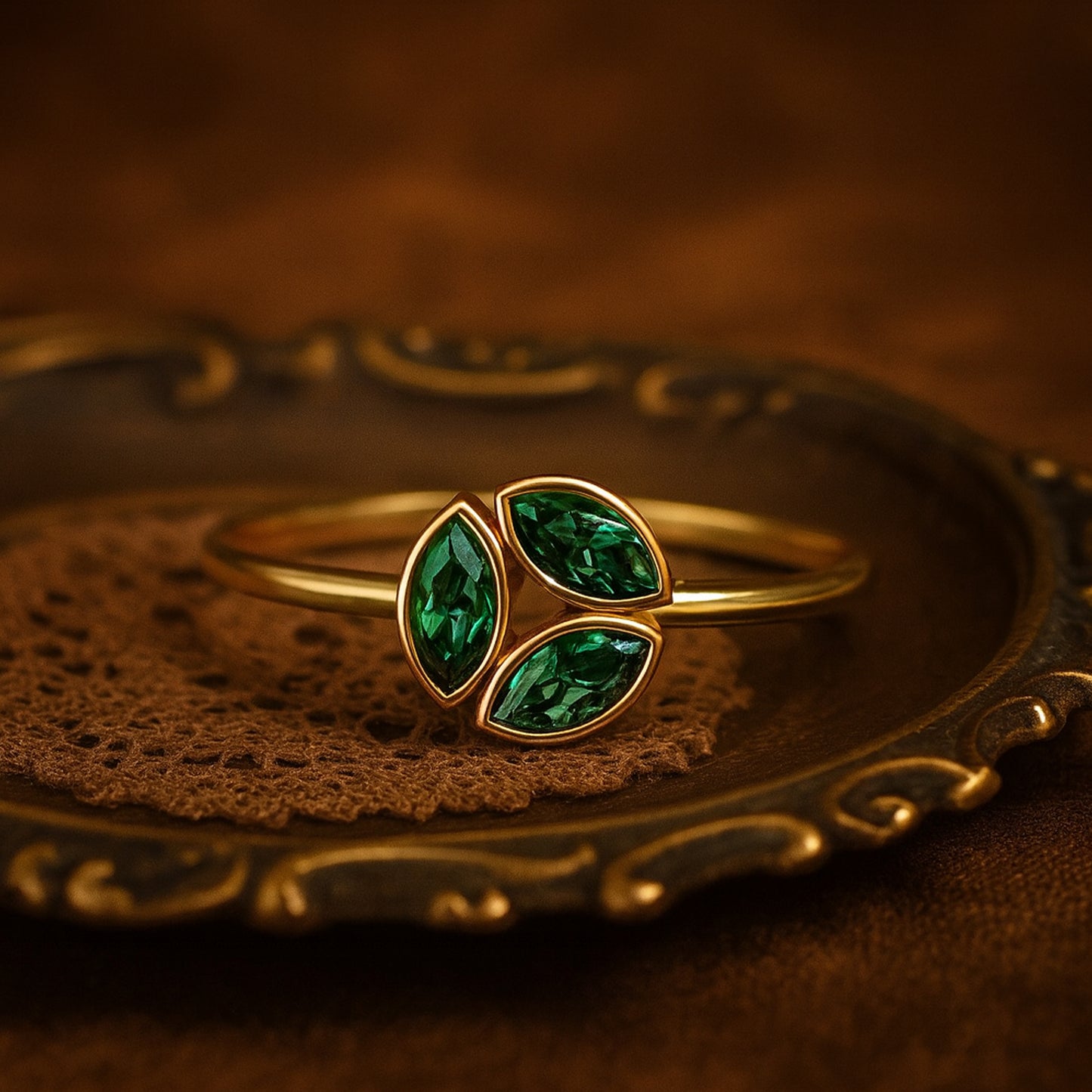 Emerald Leaf Ring With Marquise-Cut Green Gemstones - Botanical Fine Jewelry Design