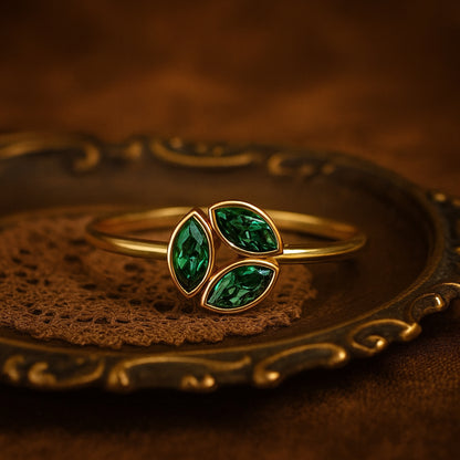 Emerald Leaf Ring With Marquise-Cut Green Gemstones - Botanical Fine Jewelry Design