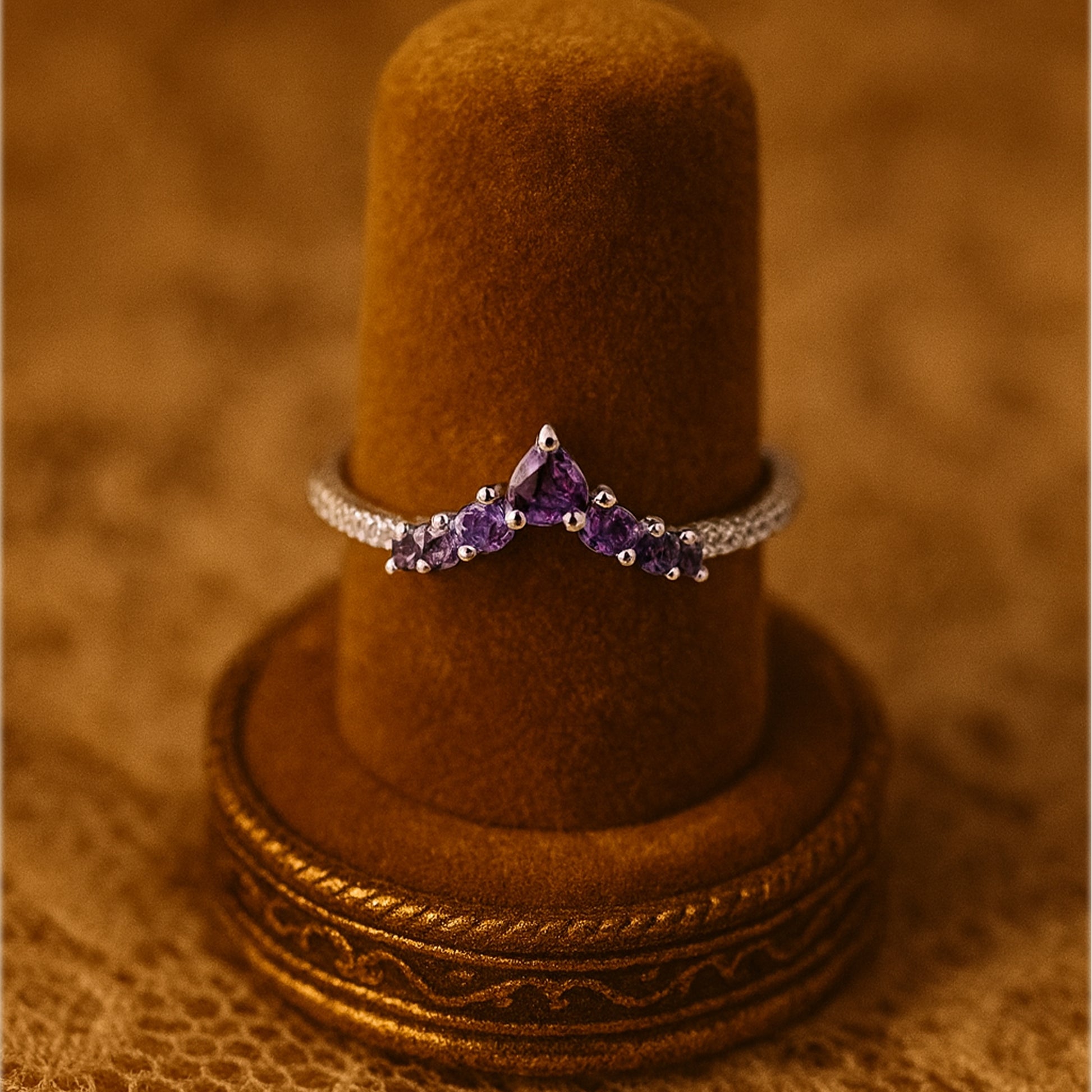 Purple Sapphire Diamond Wedding Band - Chevron V Shape Gold Ring