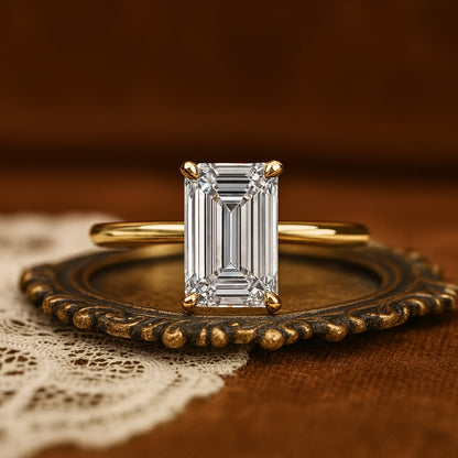 Married Rings for Women Emerald Cut Diamond Solitaire Yellow Gold Ring