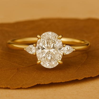 Engagement Rings Oval Cut Moissanite Diamond with Pear Side Stone Ring