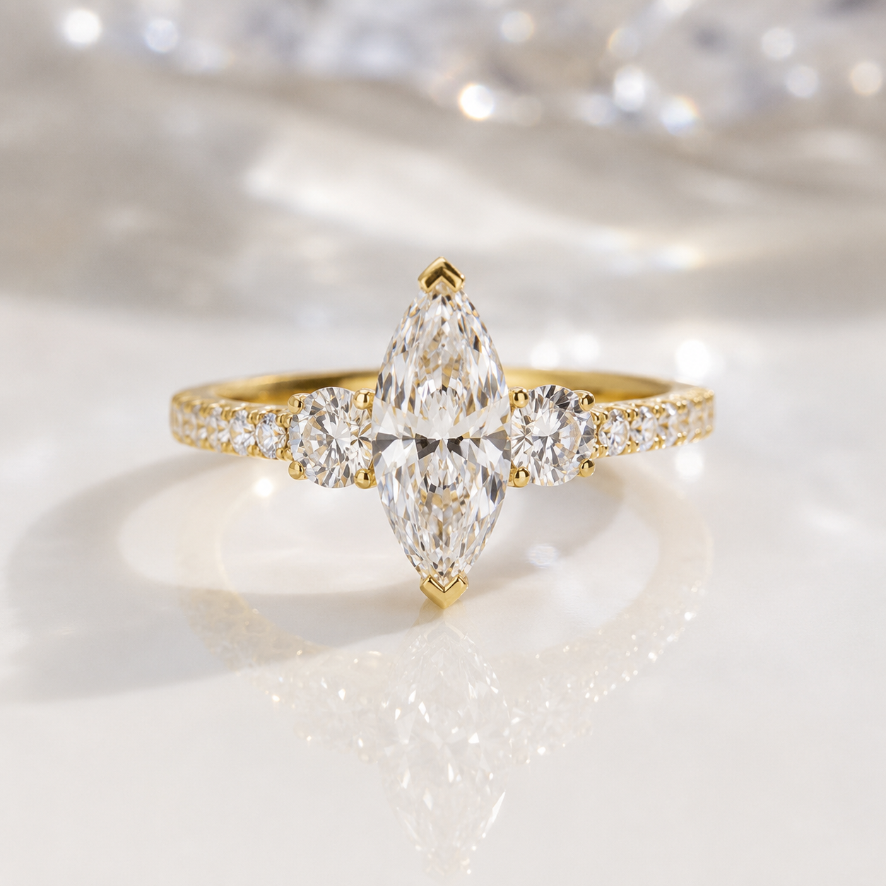 Marquise Cut Moissanite Pave Band Engagement Ring