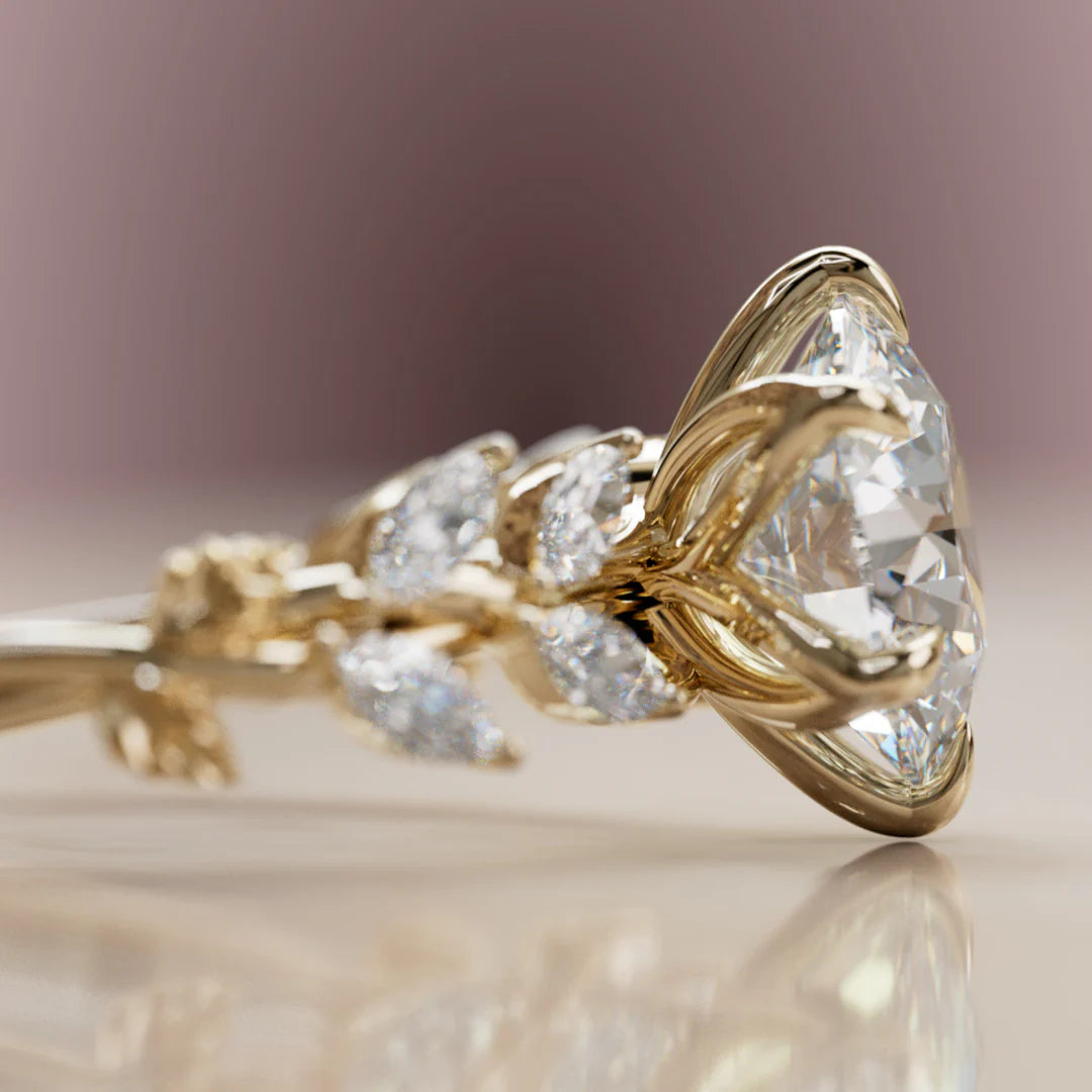 Flower Inspired Engagement Ring With Round Cut Diamond And Side Stones
