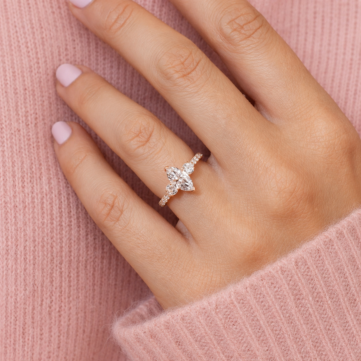 Marquise Cut Moissanite Pave Band Engagement Ring