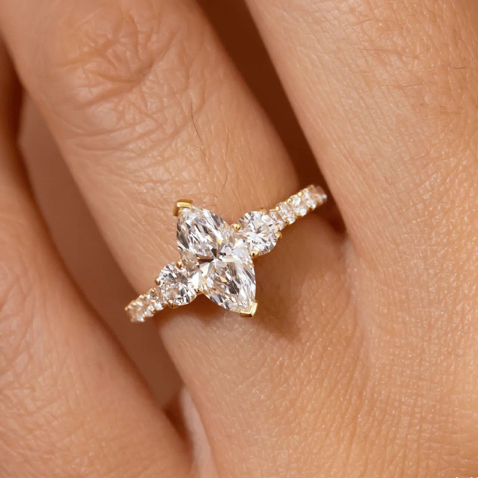 Marquise Cut Moissanite Pave Band Engagement Ring