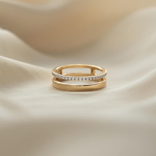 Double Band Gold Ring with Dainty Moissanite Ring Modern Stackable Ring