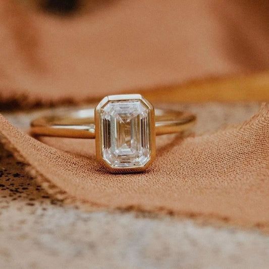 Bezel Set Emerald Cut Moissanite Engagement Ring Solitaire Moissanite Ring