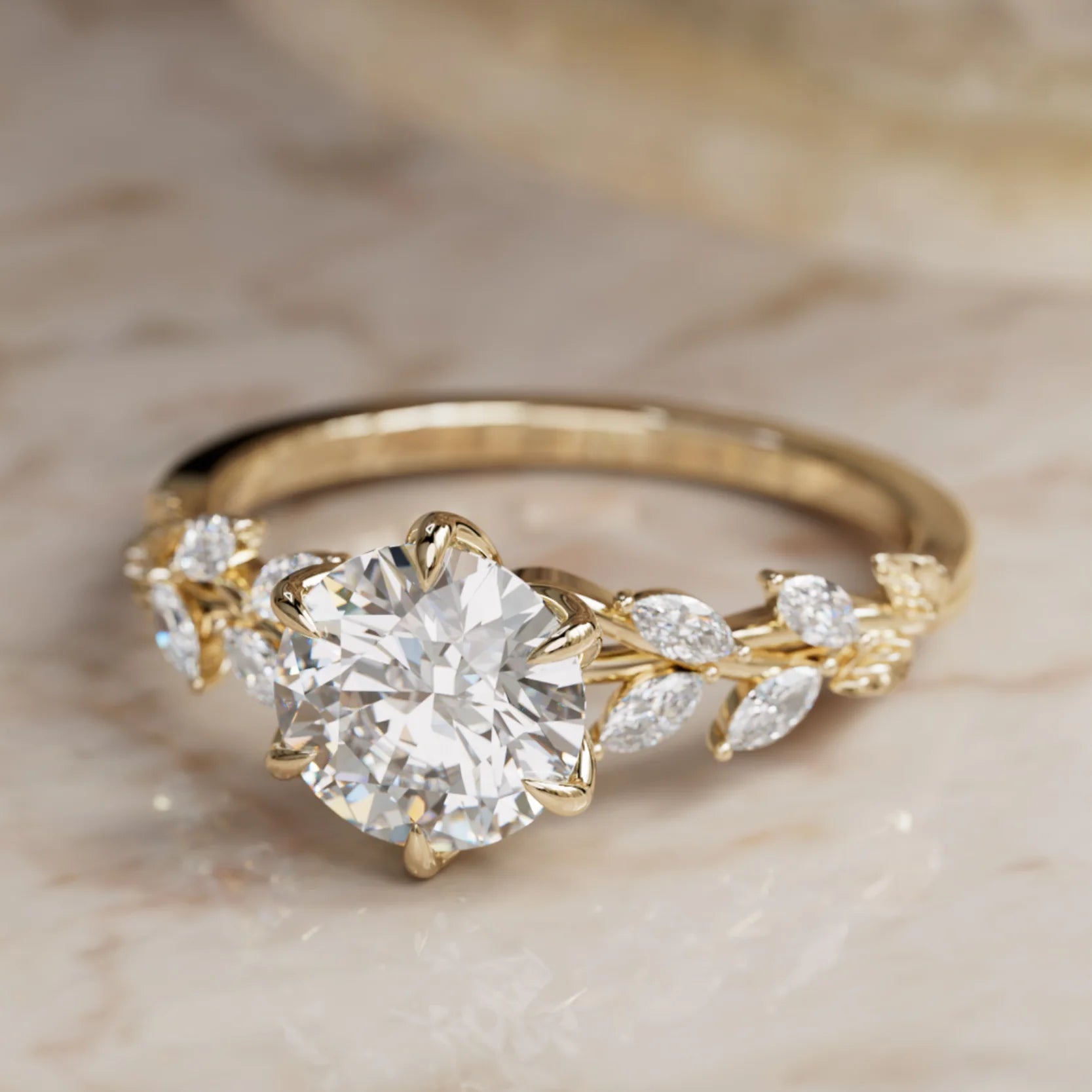 Yellow Gold Tulip Engagement Ring With Round Center And Marquise Side Stones
