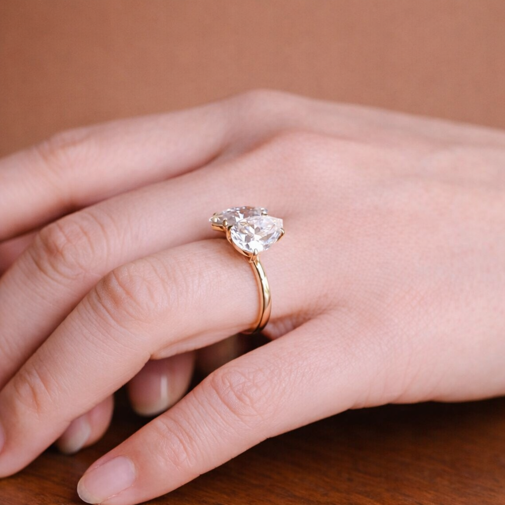 Pear Cut Diamond Or Moissanite Toi Et Moi Ring Yellow Gold Setting.
