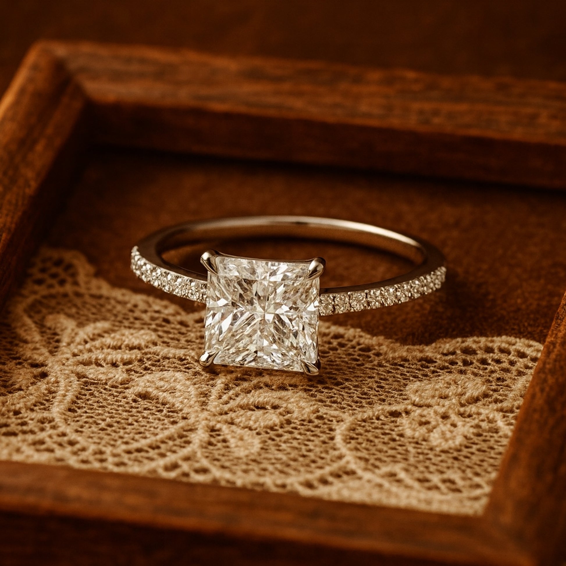 Birthstone August Born Princess Cut Diamond Engagement Rings Pavé Band