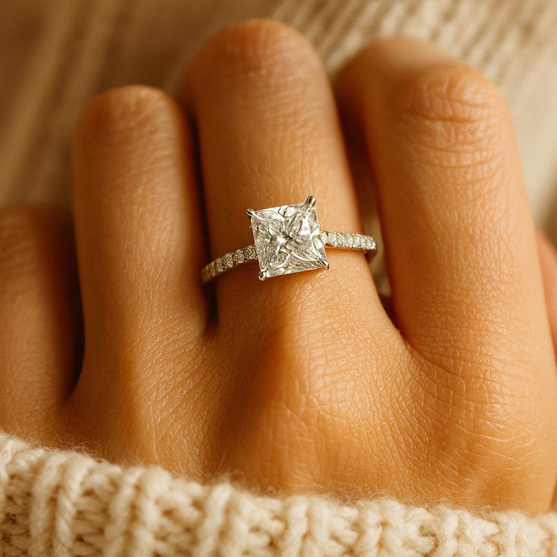Birthstone August Born Princess Cut Diamond Engagement Rings Pavé Band